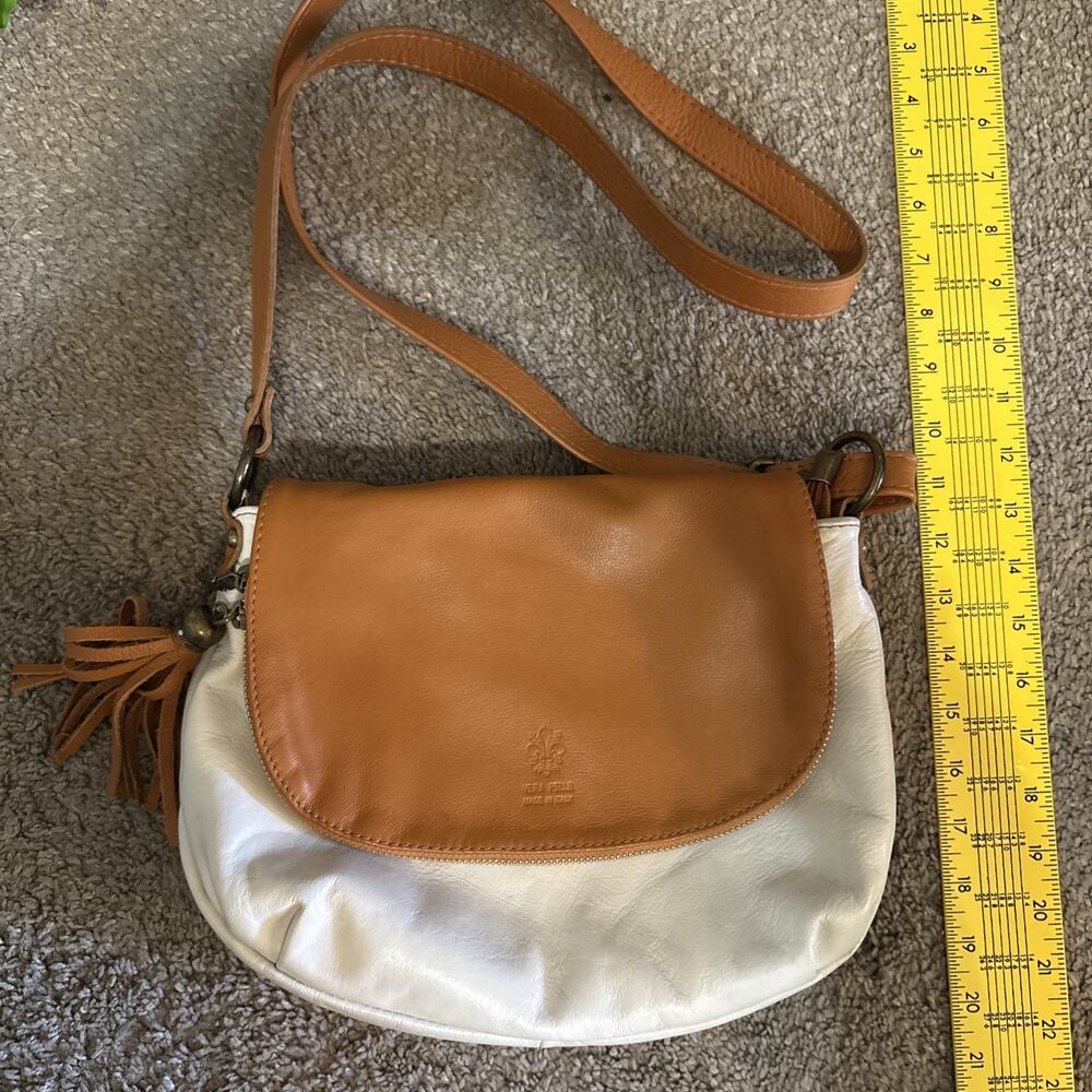 Vera Pelle Italian Leather Crossbody Bag Tan Zip Flap Tassel Satchel 11x9